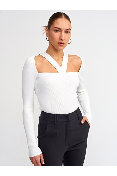 Dilvin 10324 Τετράγωνο Γιακά Μπροστά Σταυρωτό Πουλόβερ-εκρού