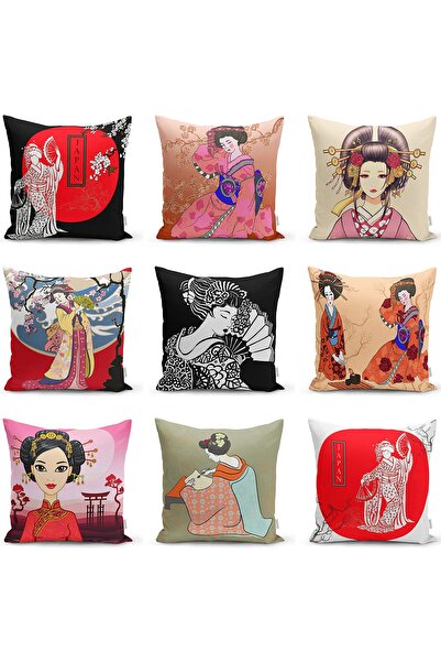 Realhomes Dvostrana navlaka za jastuk sa motivom japanske žene i ventilatora,...