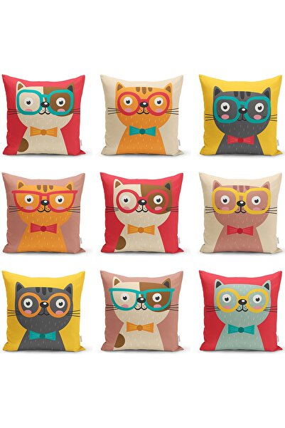 Realhomes Çift Taraflı Renkli Kedi Dijital Baskılı Modern Raşel Örme Yastık K...