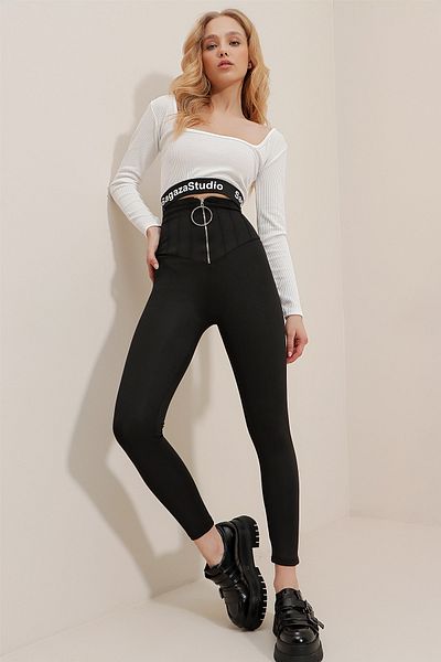 Trend Alaçatı Stili Schwarze Leggings mit Ringreißverschluss und matter Textur für Damen mit hoher Taille ALC-X9635