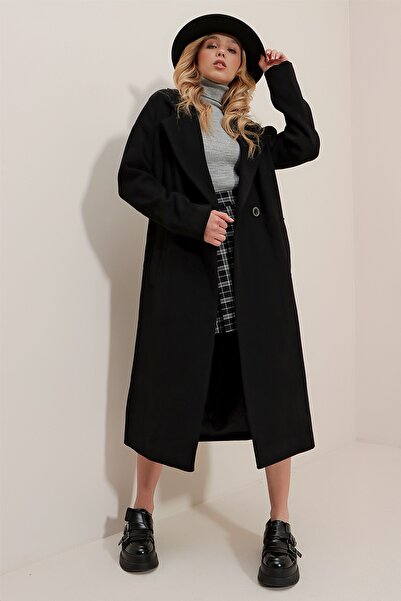 Trend Alaçatı Stili Women's Black Double Breasted Collar Double Pocket Lined Stamped Long Coat ALC-X9688