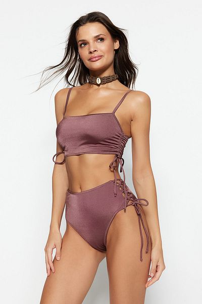 Trendyol Collection Hnědý nabíraný spodní díl hipster bikin s vysokým pasem TBESS22BA0044