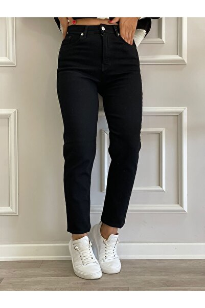 LİMABEL Yüksek Bel Siyah Mom Jeans Likralı Esnek Kot Pantolon