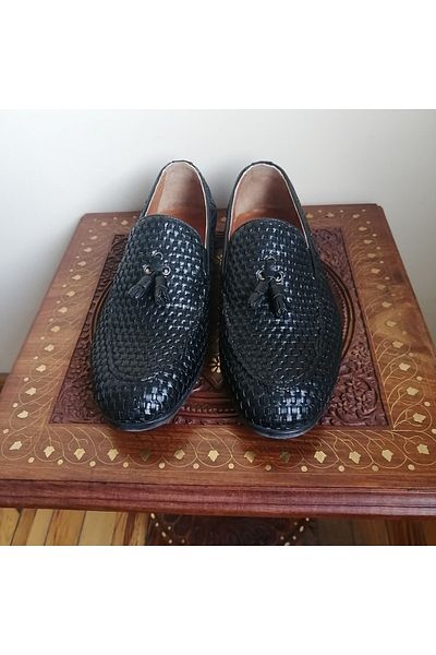 Paolo Massi Unisex Genuine Leather Black Hand Knitted Elastic Pompom Soft Comfortable Rubber Sole Loafer