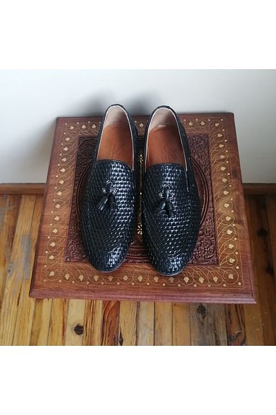 Paolo Massi Unisex Genuine Leather Black Hand Knitted Elastic Pompom Soft Comfortable Rubber Sole Loafer