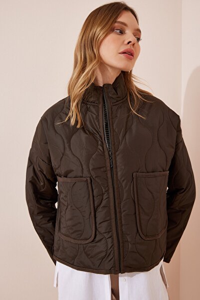 Happiness İstanbul Dámský khaki oversize prošívaný kabát FN03001