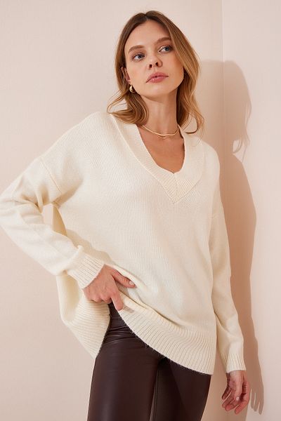 Happiness İstanbul Pulover oversize din tricot cu decolteu în V crem BV00003