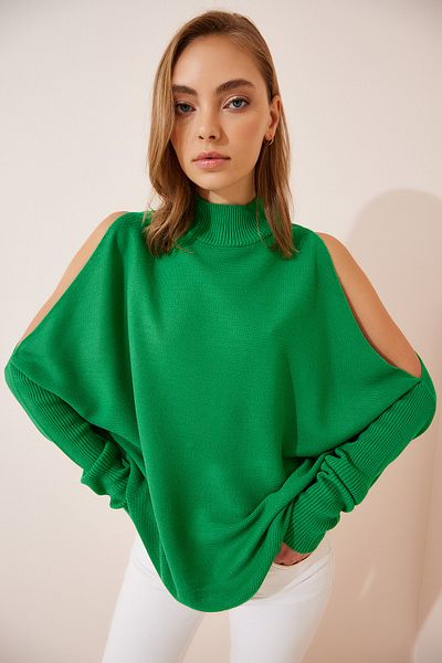 Happiness İstanbul Woman's Vibrant Green Cut Out Detailed Oversize Knit Sweater AS00015