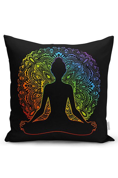 Realhomes Motiv curcubeu negru - Husă de pernă tricotată Raschel cu două fețe, model Yoga pentru Orientul Îndepărtat