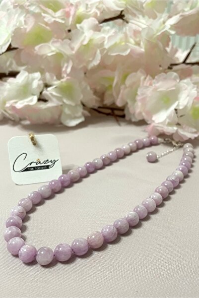 CRAZY TAKI TASARIM 8 Mm Kunzit Doğaltaş 925 Ayar Gümüşlü Kolye
