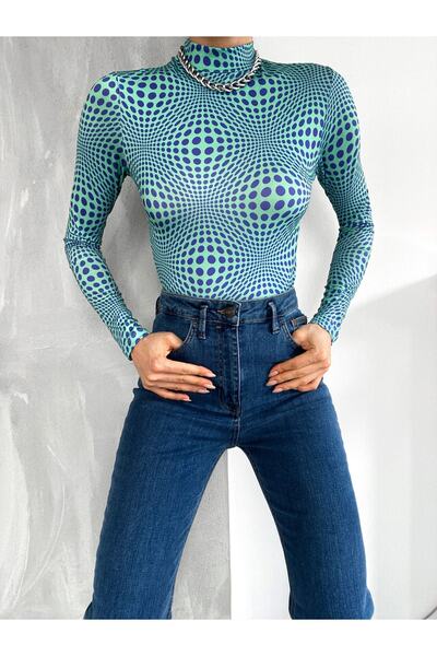 alenmoda Bluză crop cu model cu mânecă lungă cu guler înalt