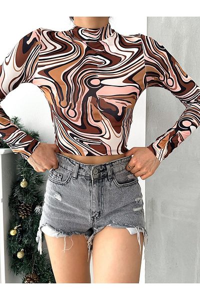 alenmoda Μακρυμάνικη μπλούζα με στάμπα με λαιμόκοψη