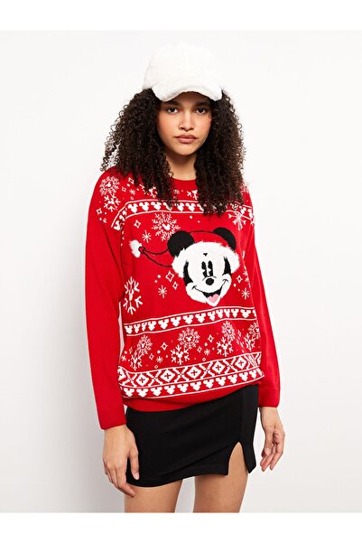 LC Waikiki Bisiklet Yaka Mickey Mouse Baskılı Uzun Kollu Kadın Triko Kazak