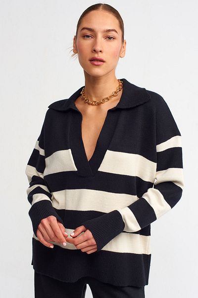 Dilvin 10325 Polo Neck Striped Sweater