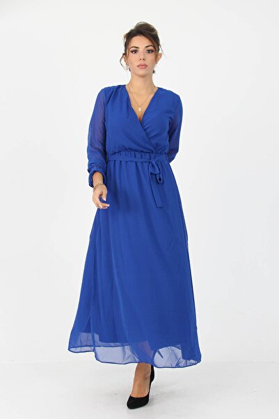 Neşeli Butik Dámské šifonové dvouřadé s výstřihem Saks modré dlouhé šaty Kts003