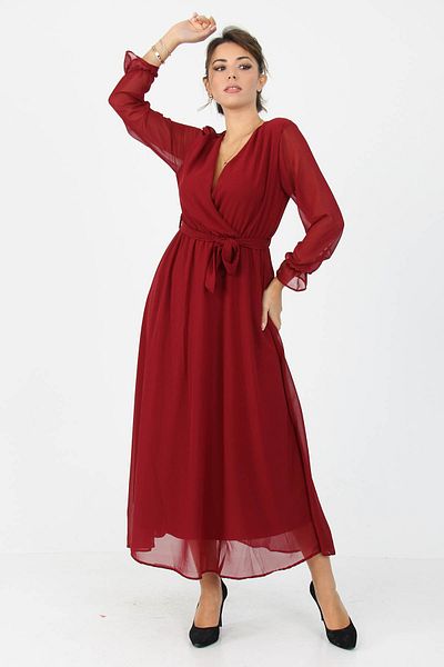 Neşeli Butik Rochie lungă de damă din șifon cu guler dublu roșu Claret Kts003