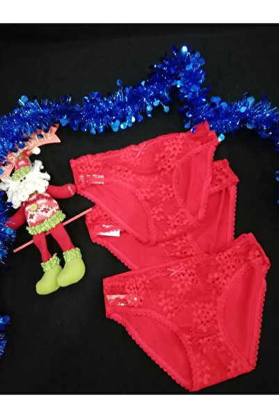 Papatya Önü Dantelli 3 Lü Kırmızı Külot