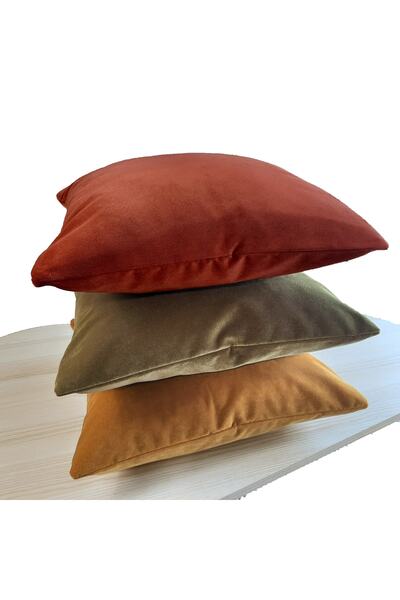 Arasta Design 3'lü Set Kiremit Rengi, Yağ Yeşili Ve Hardal Rengi Kadife Kırlent Kılıfı, 43x43 Cm