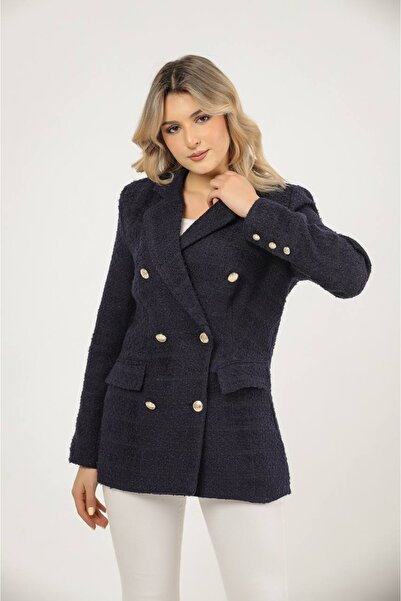 MY BELLA BUTİK Золота кнопка Детальний твітовий довгий піджак