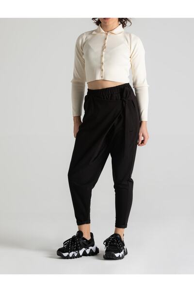 RUBYSTARS Siyah Beli Lastikli Yandan Bağlamalı Rahat Kesim Esnek Şalvar Pantolon