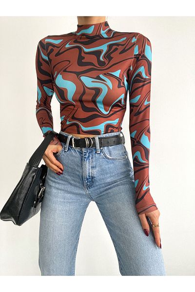 alenmoda Μακρυμάνικη μπλούζα με στάμπα με λαιμόκοψη