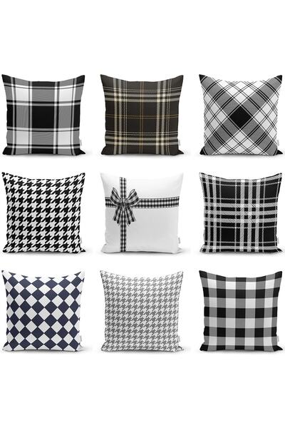 Realhomes Çift Taraflı Beyaz Zeminde Siyah Ekoseli Fiyonk Desenli Dijital Bas...