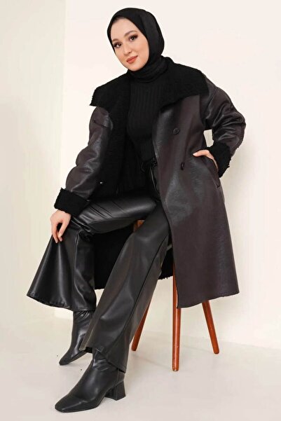 purple pi Kadın Içi Kürklü Suni Deri Uzun Kaban Siyah