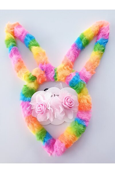 MAGRİB Colorful Plush Rainbow - Double Buckle with Rabbit Ears and Flowers