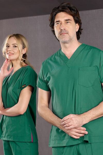 ÇİZGİ MEDİKAL Avcı Yeşili Doktor Hemşire Forması Scrubs Dr Greys Likralı Takı...