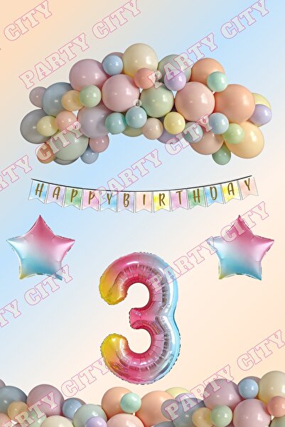 Party City Gökkuşağı Balon Seti 3 Yaş Rakam Folyo Balon Doğum Günü Konsept Pa...