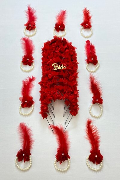 ZEYMERADE سوار وصيفة العروس الأحمر 5 قطع، تاج وصيفة العروس (معدني) 5 قطع، حفل...