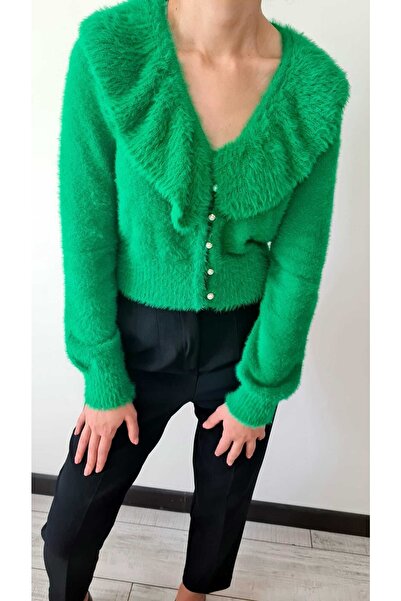 Dilvin 60160 V Yaka Fırfırlı Hırka-yeşil