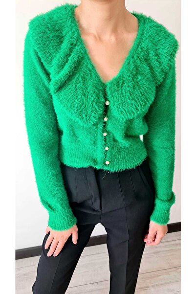 Dilvin 60160 V Yaka Fırfırlı Hırka-yeşil