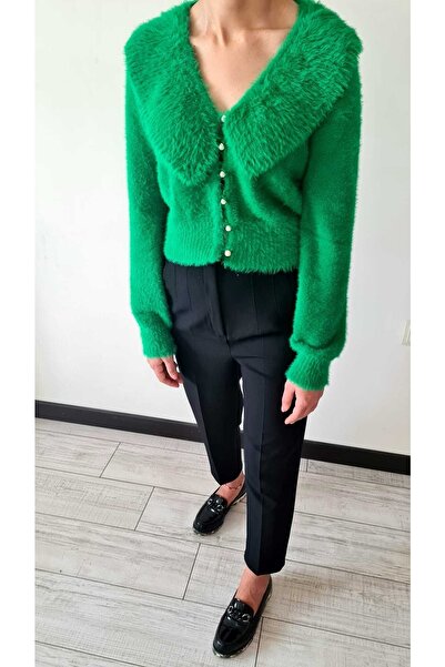 Dilvin 60160 V Yaka Fırfırlı Hırka-yeşil