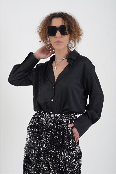 Zelish My Sister Siyah Basic Saten Gömlek