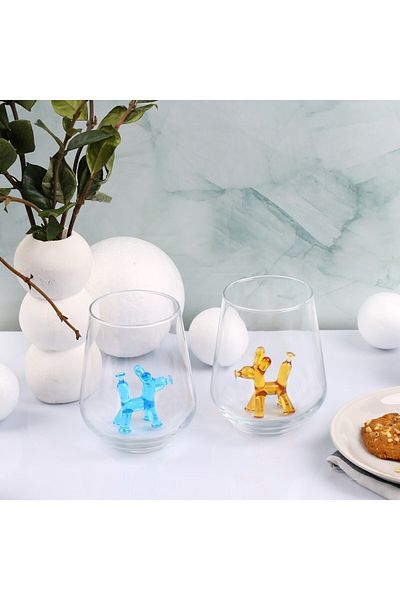 ADAMODART Blue & Yellow 2-Piece Water Glass with Balloon Dog Figure