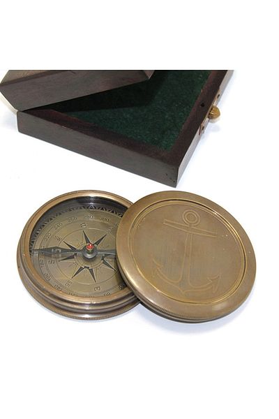 keyfimshop Antique Brass with Wooden Box Work Compass with Sailor Anchor