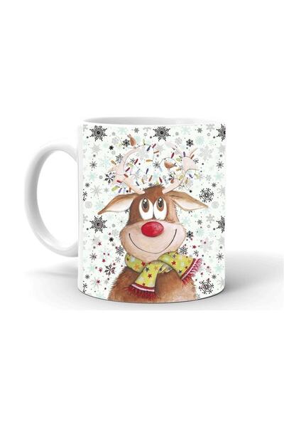 HobiShop New Year Christmas Themed Printed Ceramic White Mug