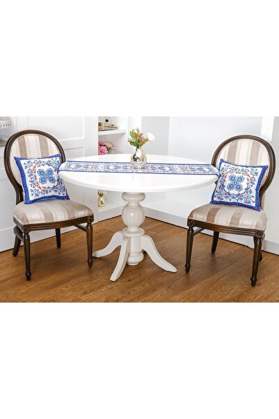 Finezza Set de perne și runner din bumbac Tile Cotton Duck cu imprimeu Crem/albastru 3 piese - 54