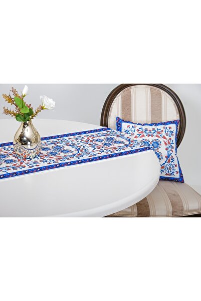 Finezza Set de perne și runner din bumbac Tile Cotton Duck cu imprimeu Crem/albastru 3 piese - 54