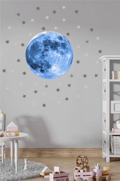 Piksel Grafik Autocolant pentru cameră pentru copii Blue Moon And Stars