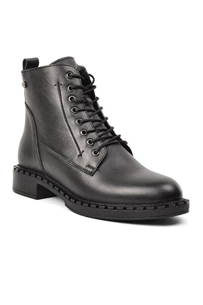 Voyager 8495 Μαύρες γυναικείες μπότες με κορδόνια από γνήσιο δέρμα