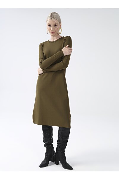 Fabrika Bisiklet Yaka Düz Midi Haki Kadın Elbise Sage