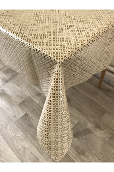 Yıldızhome Hasır Desen Lüks Pvc Silinebilir Masa Örtüsü Krem