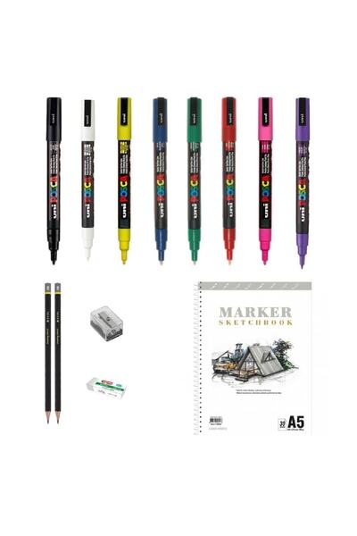 Uni Posca Marker Pen Drawing Set 1 + 3m (0.9 - 1.3mm) Set of 8