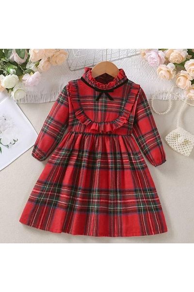 MASAL DÜNYAM Girl's Red Plaid Dress and Socks (New Year's Eve) (Dress Length is Knee-Length)