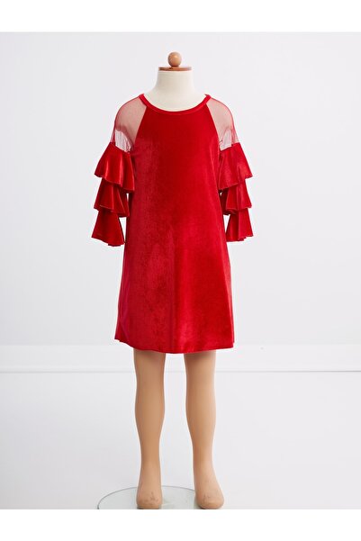 Kıvanç Çocuk Kız Çocuk Kolları 3 Katlı Kadife Kışlık Mevsimlik Abiye Elbise