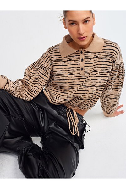 Dilvin 10318 Pulover cu nasturi cu guler polo-bej închis-s