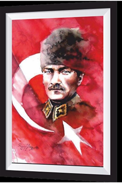 Hayat Poster Masă din lemn cu aspect de cadru artistic Ataturk cu steagul tur...