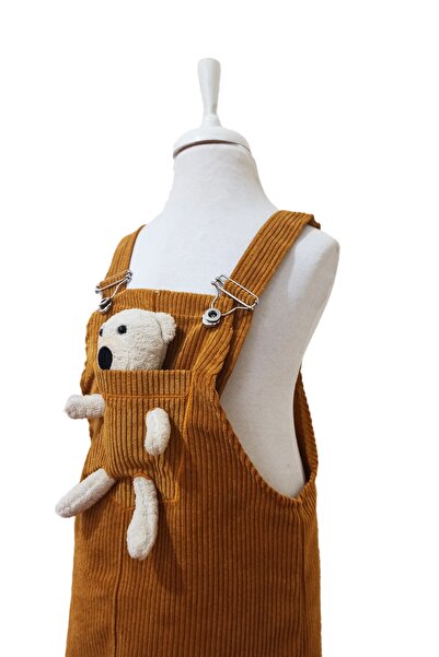 Pastelsnz Hardal Sarısı Kız Çocuk Salopet Elbise - Ayıcıklı Salopet